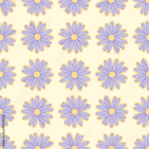 Doodle daisies background vector pattern. Purple floral seamless illustration.