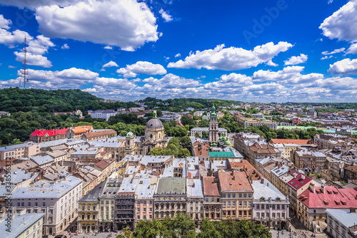 Aerial view from top of City Hall tower located on the historic part of Lviv, Ukraine