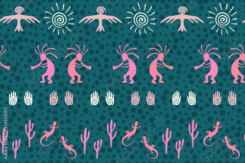 Traditional, design with gecko, Kokopelli fertility god, sun, bird, cacti.