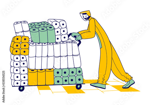 Store Worker Male Character Wearing Protective Costume and Mask Pushing Huge Trolley with Packs of Toilet Paper in Supermarket. Pandemic Chaos, Global due to Panic Covid 19. Linear Vector Illustration