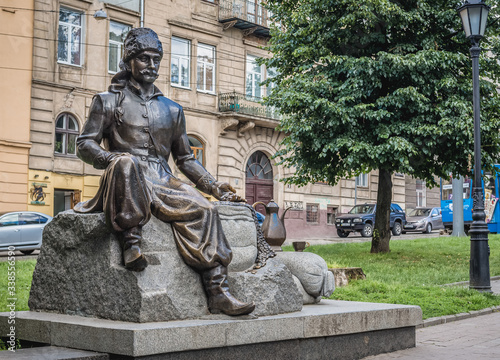 Jerzy Franciszek Kulczycki sculpture located on Danylo Square near the centre of Lviv Old Town, Ukraine