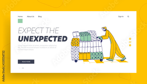 Pandemic Chaos, Global due to Panic Covid 19 Landing Page Template. Store Worker Character in Protective Costume Push Trolley with Packs of Toilet Paper in Supermarket. Linear Vector Illustration