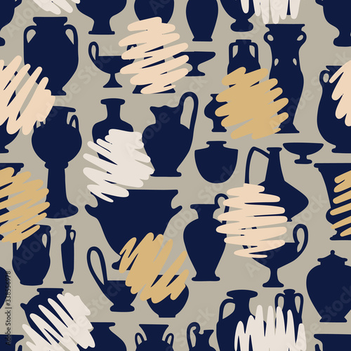 Polka dot seamless pattern. Decorative hand drawn circles on antique vases shapes and silhouettes texture. Vintage crockery background