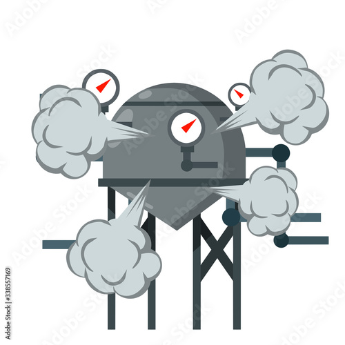 Vector Boiler for heating water. Element of house, bath and toilet system. Overloaded steam boiler. Accident, explosion and smoke. Tank with pipe and dial. Sanitary engineering