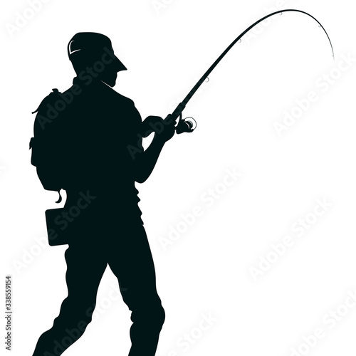 Fisherman with fishing rod in special equipment silhouette for fishing