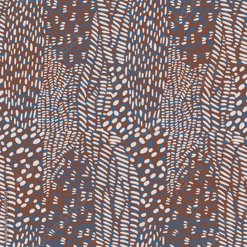 Simple geometric modern ornament. Stylish dash lines seamless pattern. Hand drawn dashed doodle elements texture. Abstract illustration with bold dotted lines for textile, fabric, wrapper, cards.