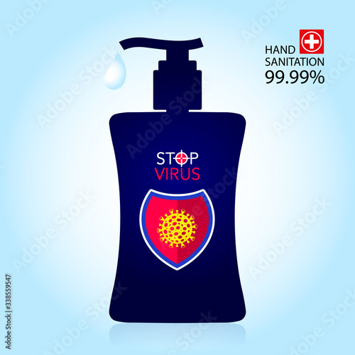 Hand sanitizer bottle, sanitation for hygiene. Stop the virus. Alcohol disinfectants kill most bacteria and kill viruses such as coronavirus. Vector illustration