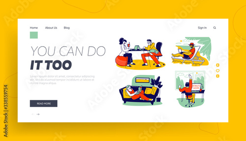 Freelance Self-employed Occupation Landing Page Template. Relaxed Freelancers Characters Working Distant on Laptop and Pc from Home or Resort Beach, Remote Workplace. Linear Vector People Illustration