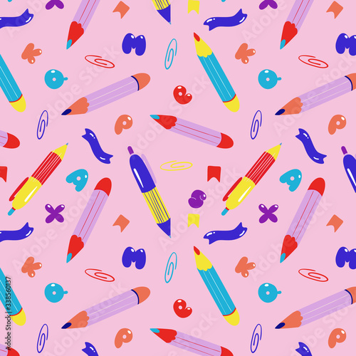 Pencils and pens seamless school pattern. Cute colorful stationery background. Modern hand-drawn cartoony vector illustration for wallpapers, textile, fabric, web banner, and wrapping paper design.