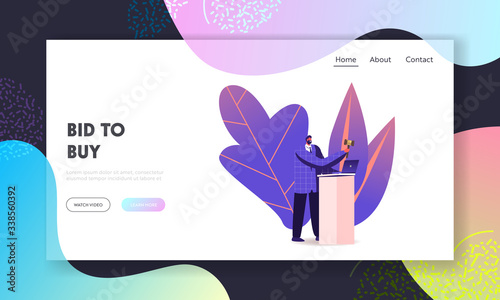 Online Auction E-business, Internet Technology for Selling and Buying Assets Landing Page Template. Auctioneer Character Holding Wooden Gavel Stand at Tribune with Laptop. Cartoon Vector Illustration
