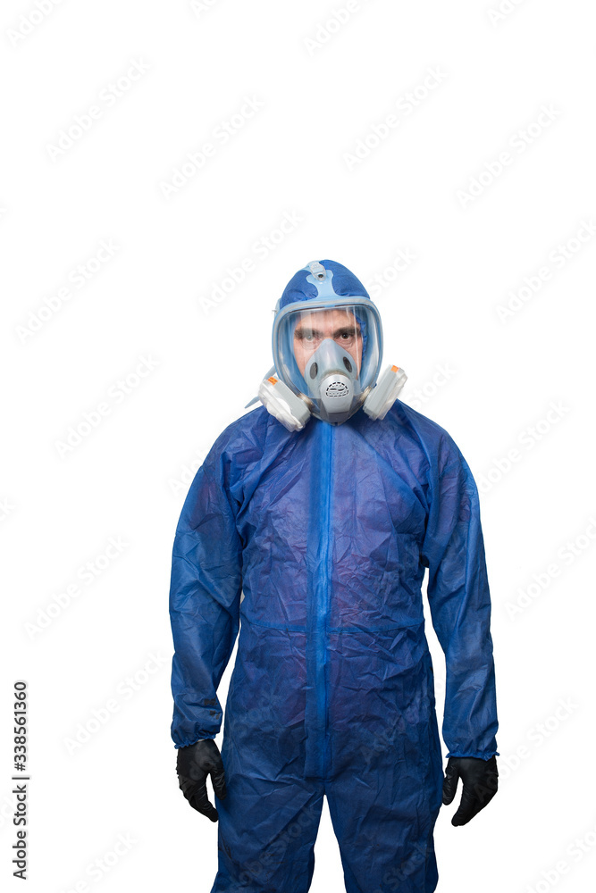 a man in a protective blue suit and a protective mask a man in a protective blue suit and a protective mask