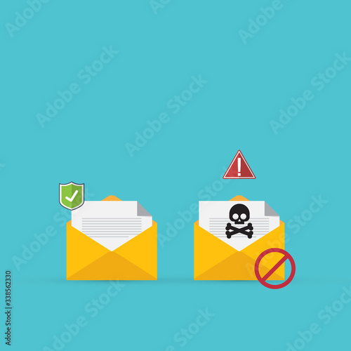 Email / envelope with black document and skull icon. Virus, malware, email fraud, e-mail spam, phishing scam, hacker attack concept. Vector illustration