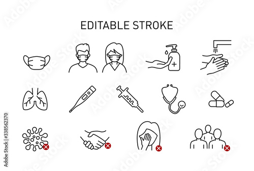 Set of Coronavirus Safety Related Vector Line Icons. Icons as Washing Hands, People Wearing Face Mask, sanitizer and more. Editable Stroke. 