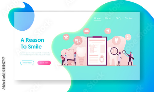 Aesthetic Stomatology, Dental Prosthetics, Teeth Restoration Landing Page Template. Doctor Character Install Dental Veneers, Teeth Dentures Implants to Patient. Cartoon People Vector Illustration