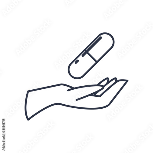 charity donations concept, hand and medication capsule icon, line style