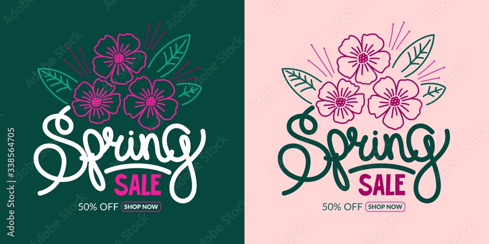 Hand Written Word Spring Sale Vector Background Illustration With Flowers. The Design Of The Banner With A Discount With Cherry Blossoms And Petals