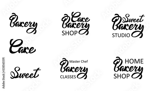 Sweet Cake Bakery shop lettering typography set. Ideal for logotype design, icon, card, postcard, logo banner. Vector handwritten illustration.