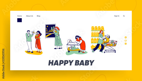 Mother and Father Characters Calm Down Crying Newborn Baby Landing Page Template. Baby Cramps Pain, Mom with Child in Supermarket Shopping Trolley, Kid in Playpen. Linear Vector People Illustration