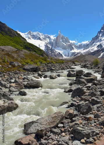 Fitz Roy river with Mt. Cerro Torre, Patagonia