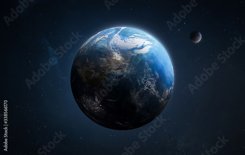 Fototapeta Naklejka Na Ścianę i Meble -  Earth planet in dark outer space on background. High resolution sci-fi wallpaper. Elements of this image furnished by NASA
