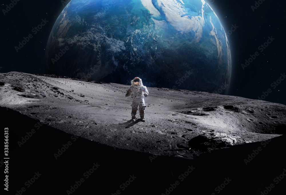 foto teksten straal Fotobehang Astronaut op het oppervlak van de maan. Aarde op de achtergrond.  Apollo ruimteprogramma. Verkenning van de maan. Donkere krater. Elementen  van deze afbeelding geleverd door NASA - Nikkel-Art.nl