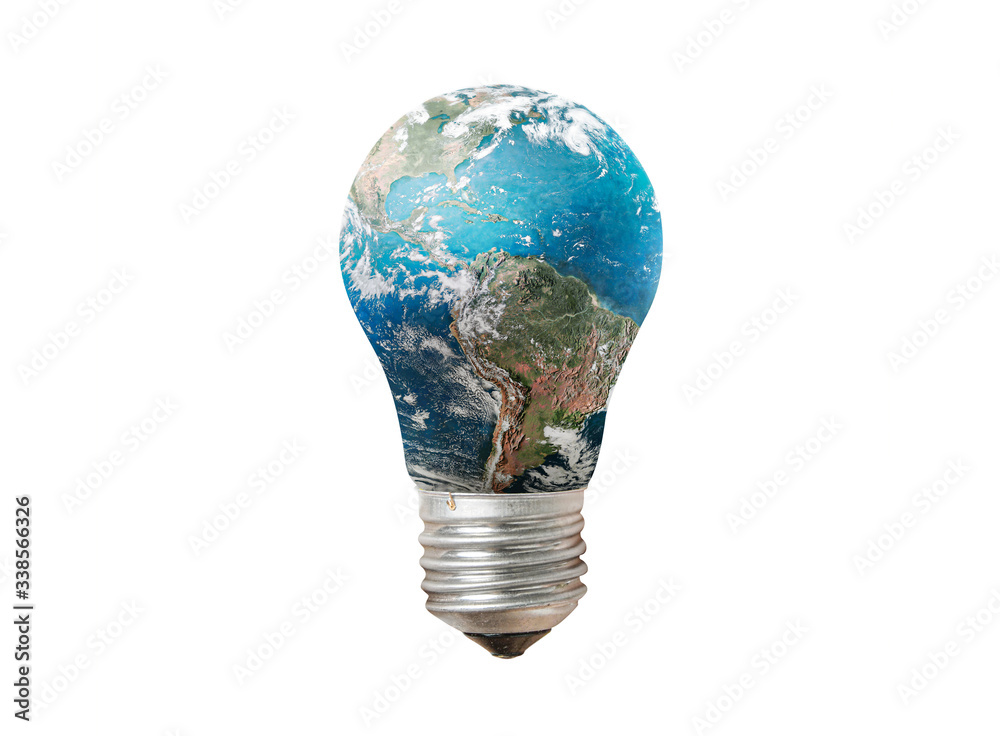 Light bulb with Earth globe isolated on white background. Green energy and ecology concept. Elements of this image furnished by NASA Light bulb with Earth globe isolated on white background. Green energy and ecology concept. Elements of this image furnished by NASA