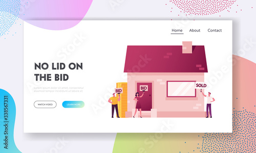 Buyers Bidding House with Rising Up Bid Boards.Landing Page Template. Auctioneer Character Judging Auction of Real Estate Attached to Mortgage and Confiscated. Cartoon People Vector Illustration