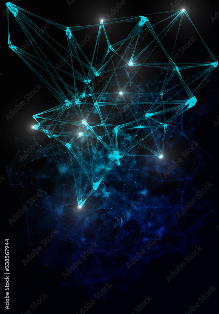 Obraz Plexus lines, dots and light beams with light points. Abstract technology, science and engineering background. Depth of field settings. 3D rendering