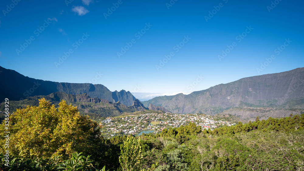 Fototapeta premium Landscape with Cilaos town in Cirque de Cilaos, La Reunion island