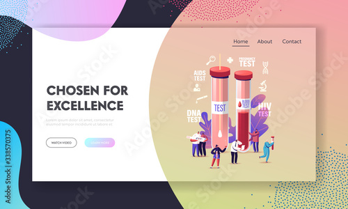 Express Blood Test Landing Page Template.Tiny Characters at Huge Glass Flasks. People Giving Lifeblood for Detection of Pregnancy and Diseases, Hiv, Aids, Dna, Covid 19. Cartoon Vector Illustration