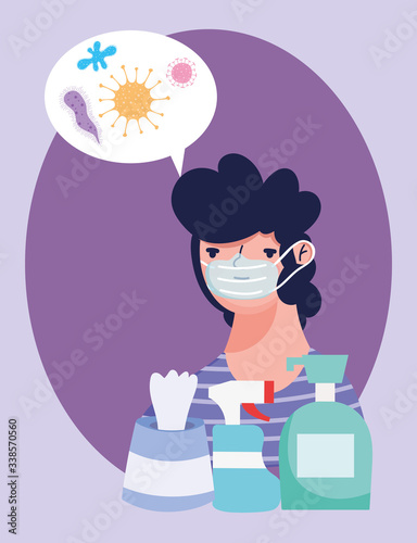 man with protective mask and cleaning products for medical care, covid 19 coronavirus pandemic prevention