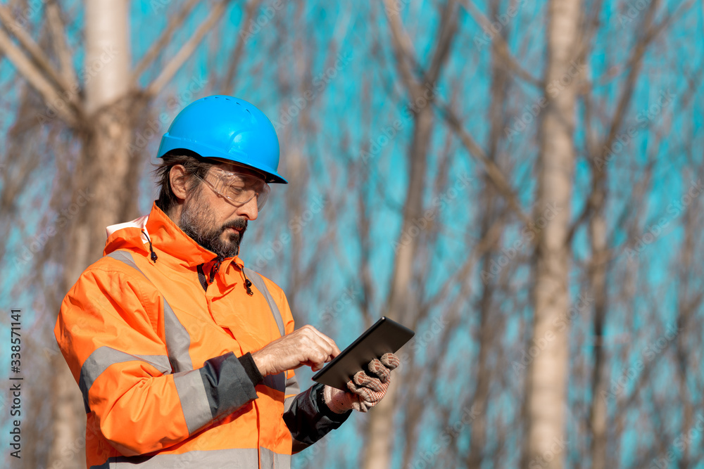 Forestry technician using digital tablet computer in forest Stock Photo ...