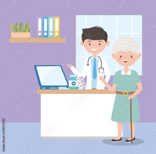 physician and old woman prescription medicine room, doctors and elderly people