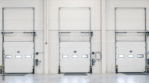 Three loading ramp doors at distribution warehouse from inside