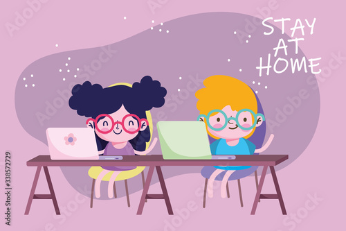 education online, stay at home, kids students with laptop study in desk