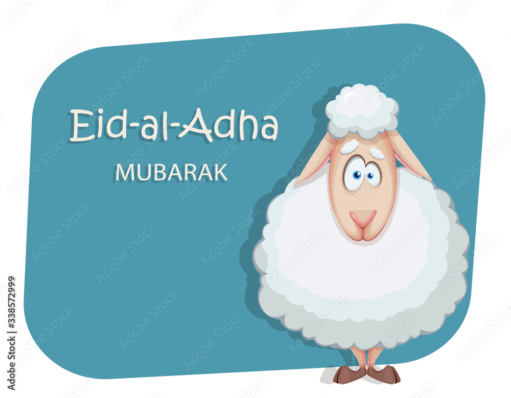 Naklejka premium Eid al-Adha Mubarak. Funny cartoon ram.