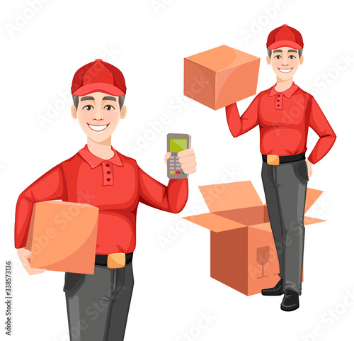 Courier, set of two poses. Delivery service concept