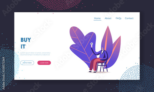Auction Bidding Landing Page Template. Senior Male Character Wearing Suit Sitting on Chair and Rising Bid Board for Buying Asset. Collector during Auctioning Process. Cartoon Vector Illustration