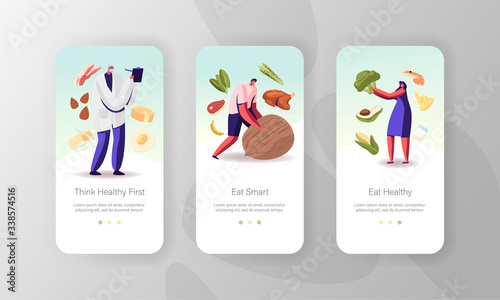 Diet, Healthy Lifestyle, Organic Food Choice Mobile App Page Onboard Screen Template. Tiny People Characters Eat Fruit, Vegetable, Cheese Eggs. Vegetarian Products Concept. Cartoon Vector Illustration