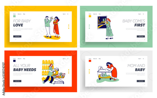Mother and Father Characters Calm Down Crying Newborn Baby Landing Page Template Set. Baby Cramp Pain, Mom with Child in Supermarket Shopping Trolley, Kid in Playpen. Linear Vector People Illustration