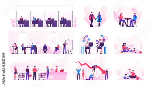 Set of Characters Wearing Medical Masks Business and Every Day Routine during Covid19 Quarantine and Self Isolation. People Work in Office, Spend Time with Family and Kids. Cartoon Vector Illustration
