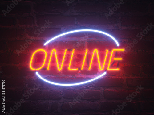 Open Online. Illustration of a neon Sign on Brick wall. Concept of bussines in Internet. 3d render illustration