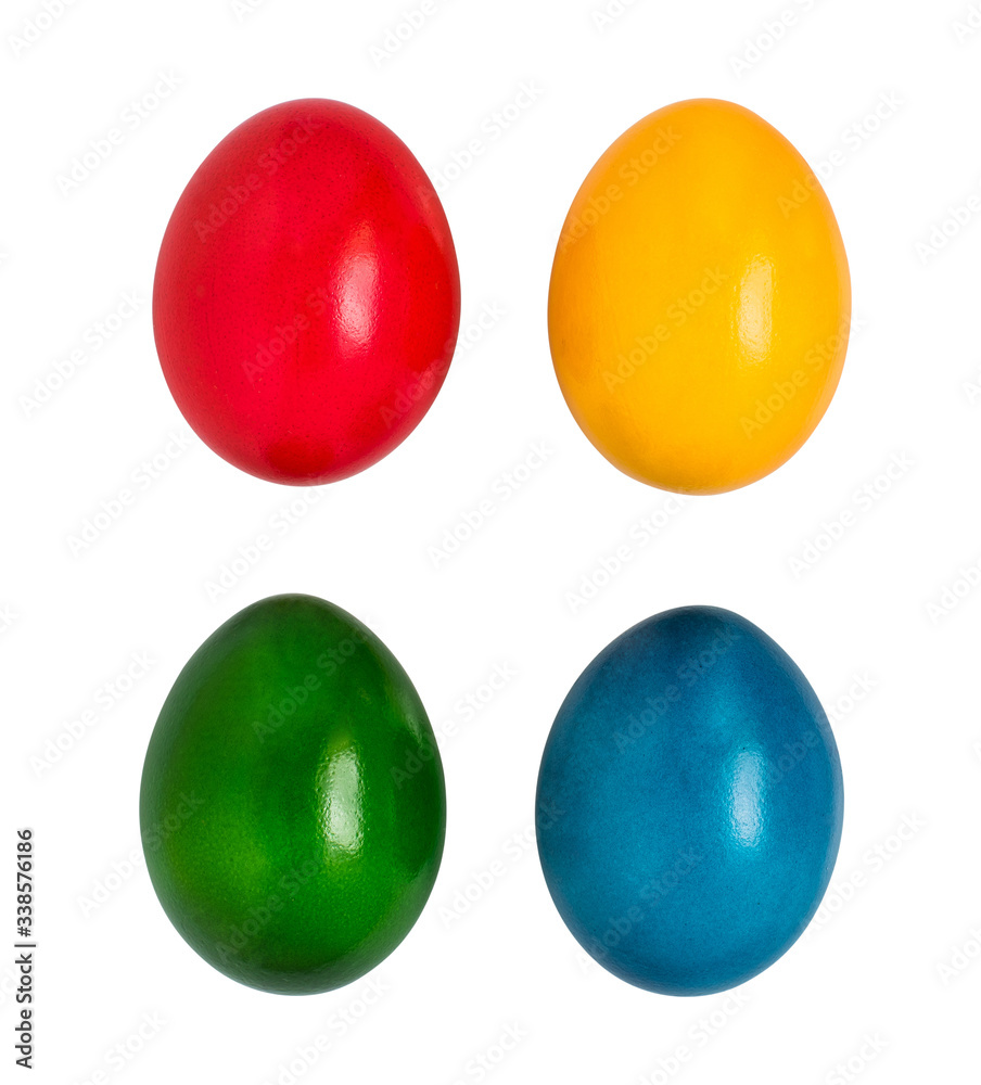 Colorful easter eggs on white background. Top view.