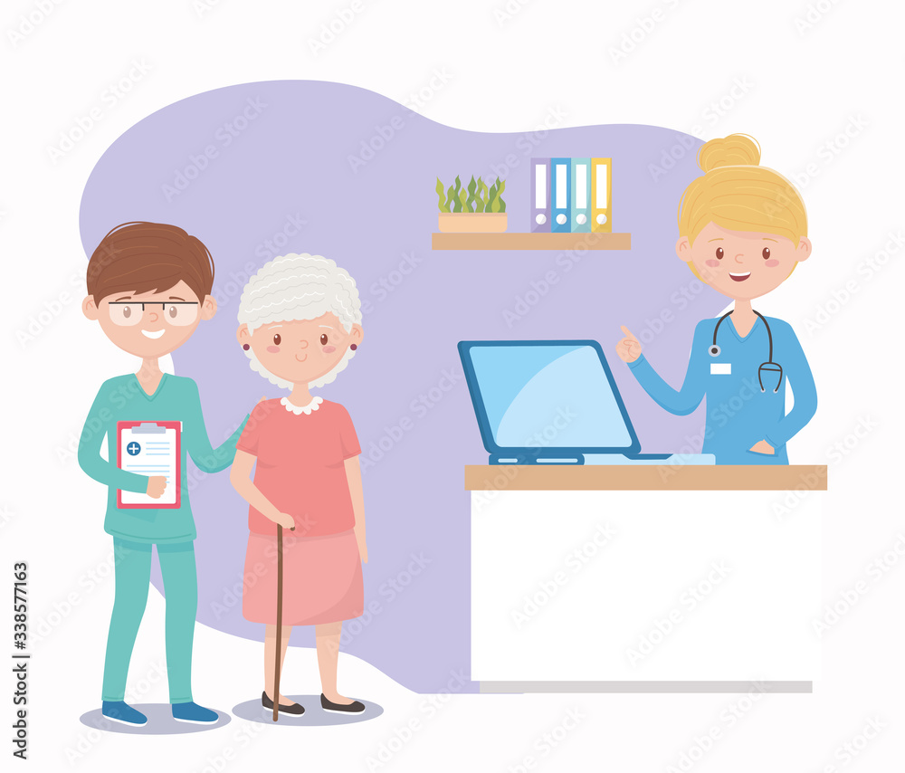 female and male nurses and grandma assistance, doctors and elderly people female and male nurses and grandma assistance, doctors and elderly people