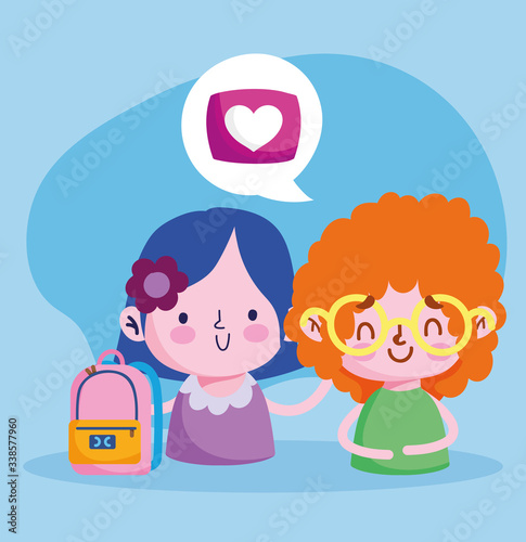education online, students girl and boy with backpack