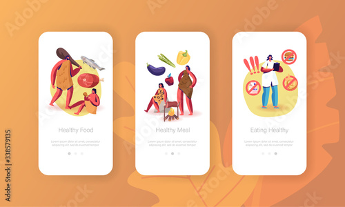Paleo Diet Mobile App Page Onboard Screen Template. Dietary Plan Based on Food Similar to People Eat at Paleolithic Era. Cave Characters Eat Fruit and Vegetable Concept. Cartoon Vector Illustration