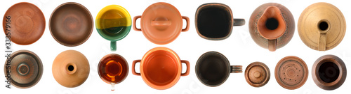 Collection of ceramic products top view isolated on white
