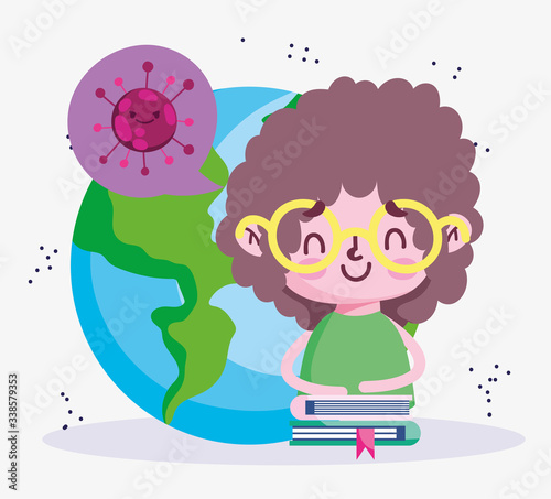 education online, student boy world and stacked books, coronavirus pandemic