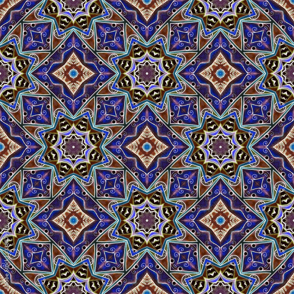 Colorful symmetrical ornament in blue and brown tones, seamless print for fabric.
