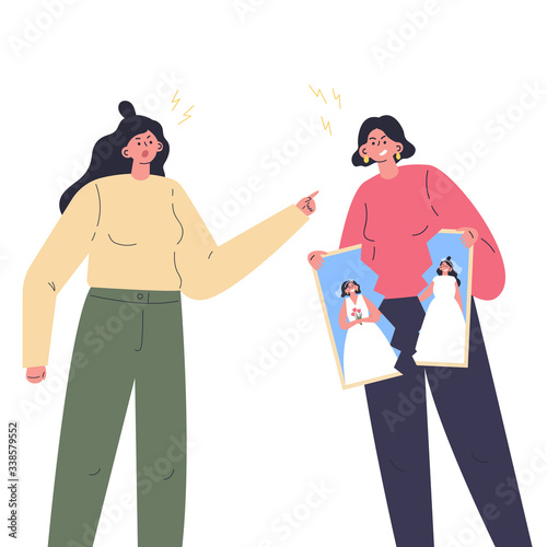 Conflict between gay womans.Quarrel of young females.Relationship crisis.Angry couple wants to divorce.Flat cartoon characters isolated on white background.Colorful vector illustration.